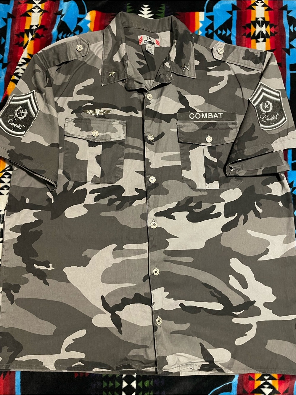 Combat Short Sleeve Military-Inspired Jacket - Gray Camo